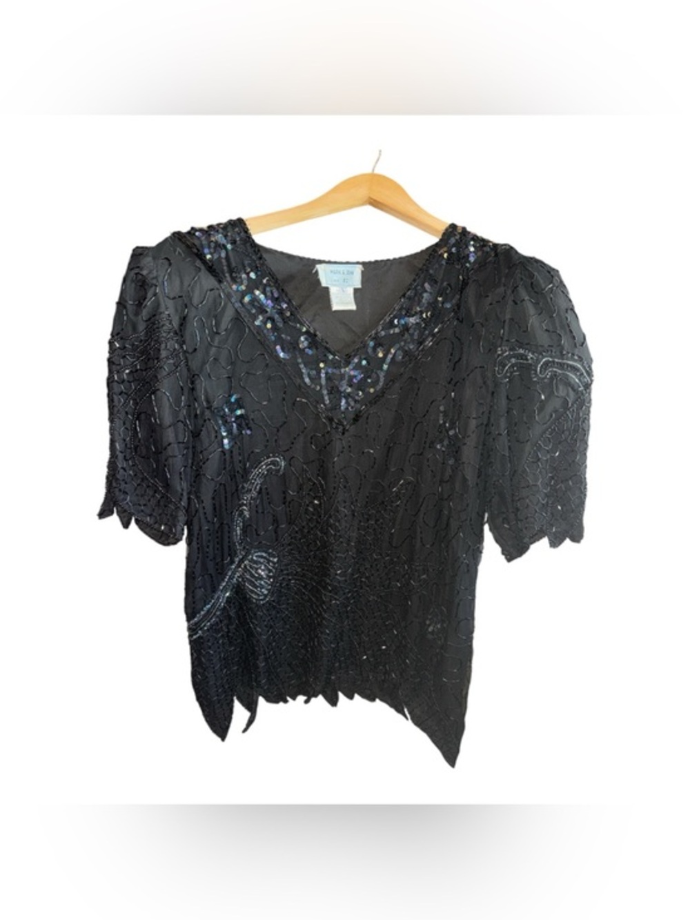 Mark & John Vintage Beaded & Sequin Black Evening V Neck Blouse Shoulder Pads